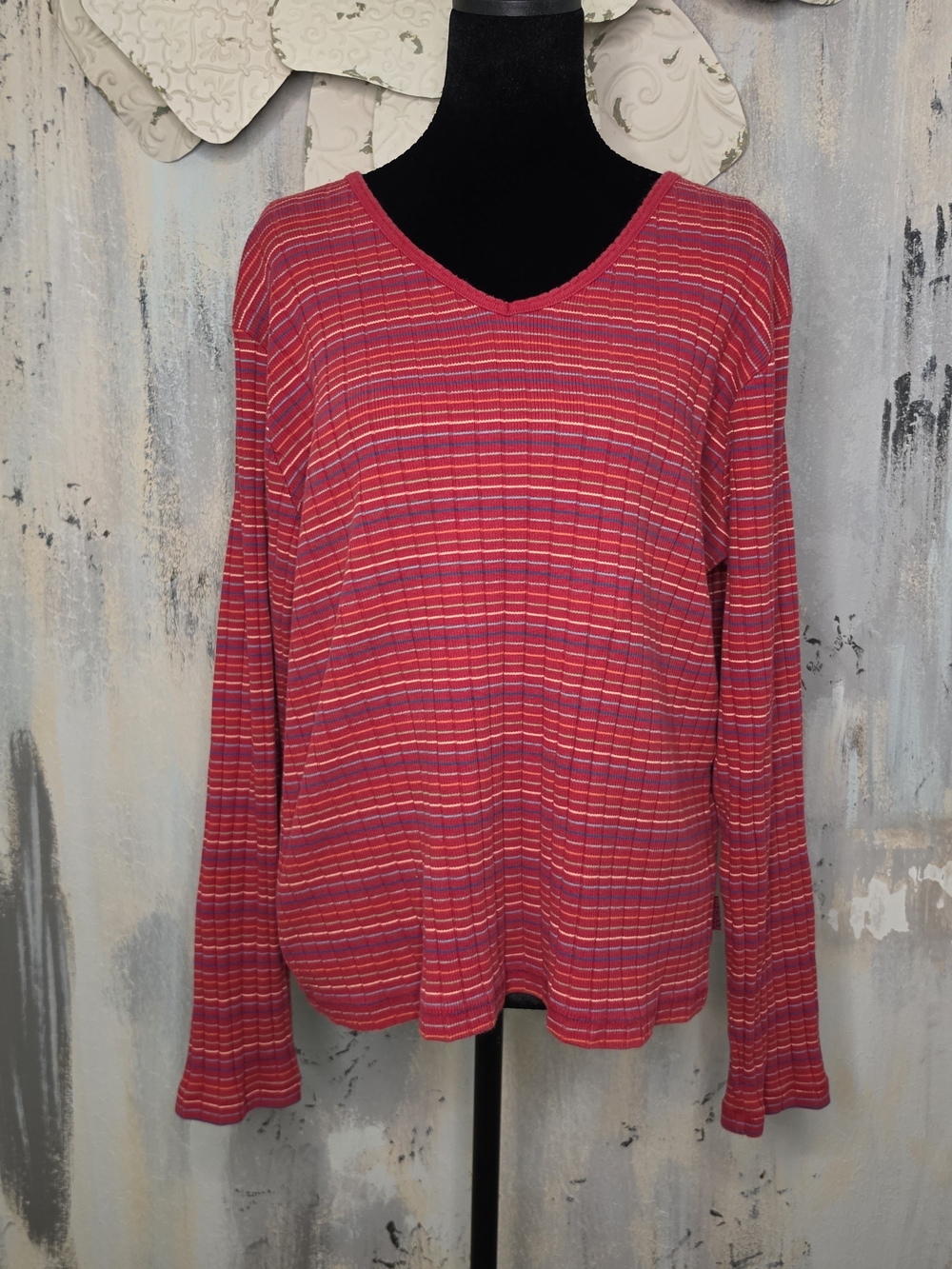Liz Claiborne Classic Red Striped V-Neck Long Sleeve Top Size Large